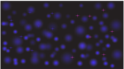 Abstract blue glow of bright party lights and colorful circles on a blurred dark backdrop for a holiday celebration design