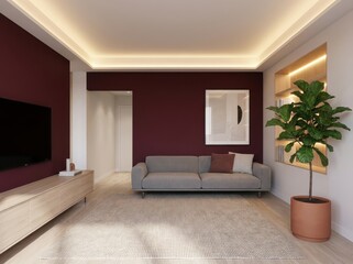 Obraz premium Luxury home interior design of a modern living room with fireplace, stylish furniture, and wall decor