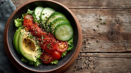 Healthy fresh salad bowl with avocado, cucumber, tomatoes, and lettuce, sprinkled with mixed seeds. Clean eating, nutrition, and wellness food concept with copy space on wooden table