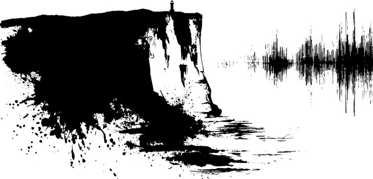 Dramatic cliffside with lighthouse and sea in black ink silhouette for minimalist design