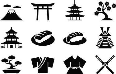 Fototapeta premium Japanese culture icon set featuring mount fuji torii gate pagoda cherry blossom sushi samurai armor kimono bonsai tree and katana swords in black silhouette