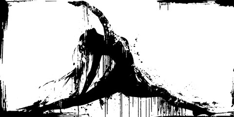 Graceful yoga pose silhouette with black ink splatter on white background