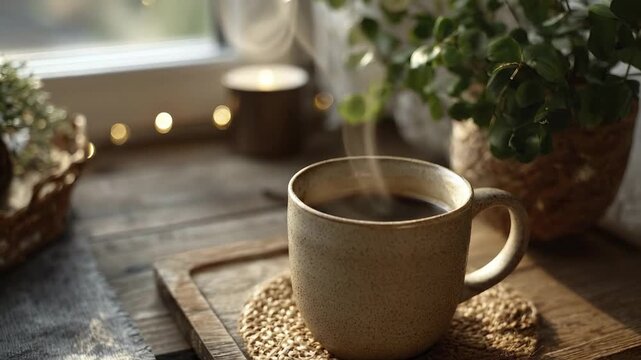 A steaming cup of hot freshly brewed coffee or tea rests on a rustic wooden tray near a window, surrounded by green plants and soft bokeh lights. This cozy, hygge-inspired scene captures a peaceful mo