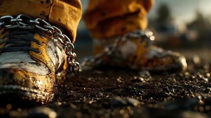 Chained Steps: A close-up captures the burden of restriction with shoes bound by heavy metal chains on a textured, earthy ground.