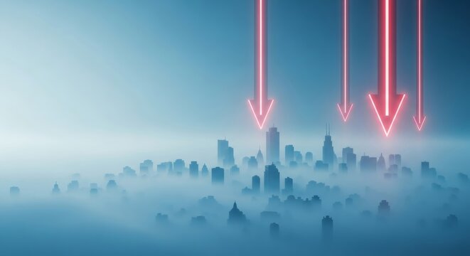 Red arrows pointing down over a misty city skyline. Economic downturn and inflation impact on urban areas. Financial crisis concept for business news. - Powered by Adobe