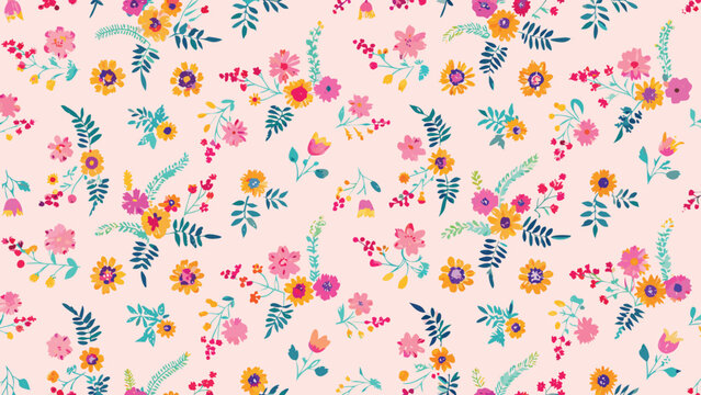 A vibrant and dense maximalist floral chintz seamless pattern featuring a rich blue background with an abundance of colorful flowers and foliage in a classic textile design
