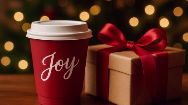 Red paper coffee cup with Joy lettering and gift box with ribbon on festive background. Christmas video for branding, promo or packaging design