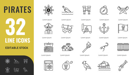  Pirates line editable icon set. Related Icons:  sea, boat, ocean, water, skull, crossbones, jolly roger, treasure .vector illustration Isolated on transparent background
