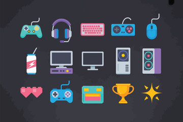 Vector illustration of vibrant collection of essential dog supplies and pet care items, including food bowls, collars, leashes, toys, treats, and grooming