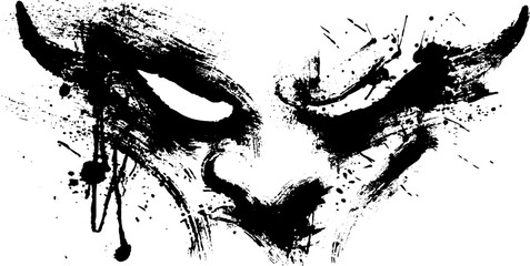 Naklejka premium Mysterious oni mask illustration with black ink splatter silhouette