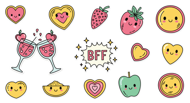 Cute friendship-themed sticker set with kawaii characters, a 'BFF' speech bubble, clinking glasses, and smiling fruits and hearts.