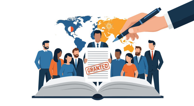 Diverse group of people gathered around an open book with a granted document and world map background
