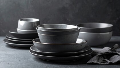 Matte dark gray ceramic dishware set arranged on textured surface with moody background.