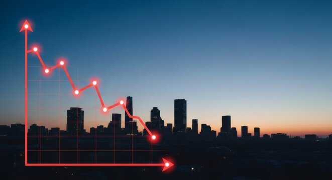 Red arrow pointing downward on financial graph. Business chart showing decline. Digital stock market data visualization for economic crisis analysis.