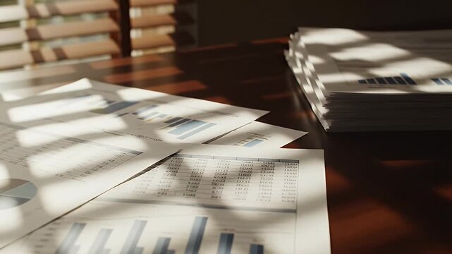 Sunlight casting shadows on financial documents with charts and graphs spread out on a wooden desk surface