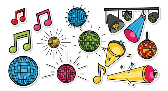 Festive collection of colorful disco party elements including mirror balls, spotlights, and music notes. Retro 70s and 80s dance celebration stickers for event flyers.