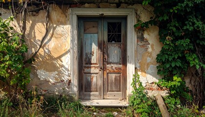 Old Wooden Doorway of a Decaying Building.