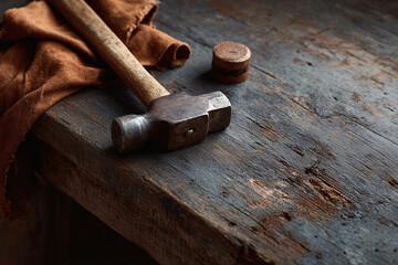 Rustic still life Hammer, cloth, and weathered wooden surface evoke craftsmanship. Concept for repair, vintage tools, DIY projects, or masculine themes.