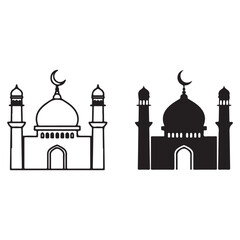 Mosque Icon Set with Outline and Solid Silhouette Styles