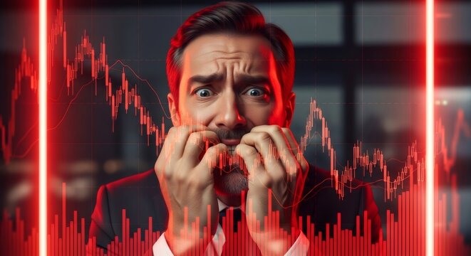 Anxious man biting fingernail in front of a red falling stock chart. Concept of financial crisis, market downturn, economic collapse, and fear of recession.