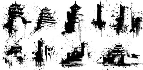 Black ink splatter illustration of castle shapes with fortified silhouettes - grunge design for prints and posters