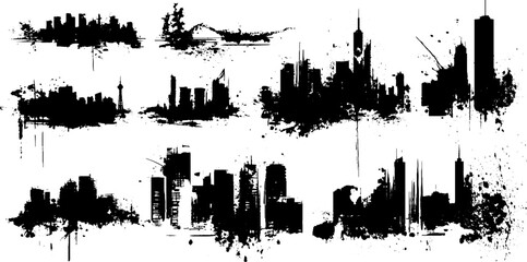 Obraz premium Black ink splatter city silhouette collection for creative design and urban art projects