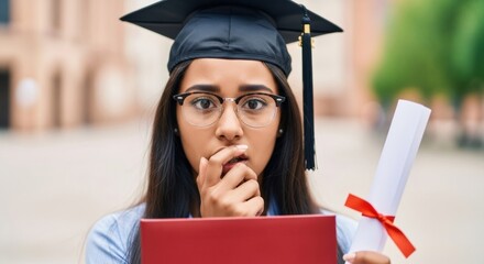 Close-up of a surprised young woman wearing a graduation mortarboard and eyeglasses, looking at the camera with a fearful expression while holding her university certificate