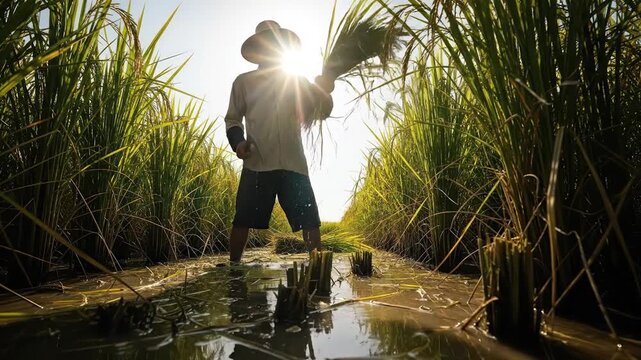 Rice Farmer Harvesting Crop in Field at Sunrise.
