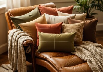 Warm leather armchair adorned with cozy earthy throw pillows