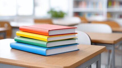 A stack of colorful books on a wooden desk in a bright, modern classroom setting.