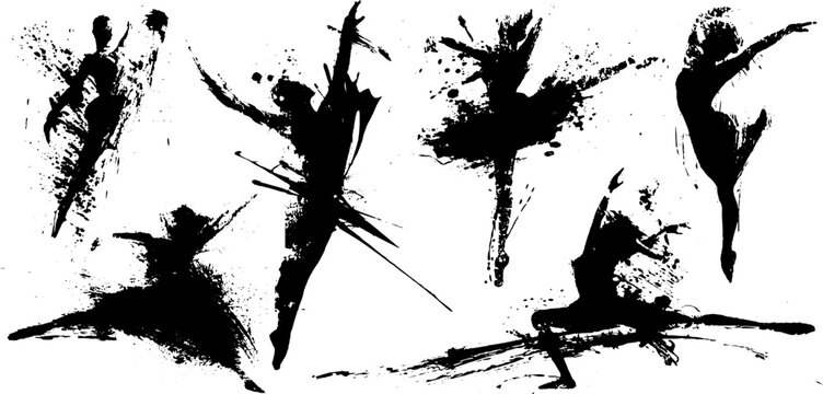 Dynamic dancer silhouettes in black ink splatter style for artistic design