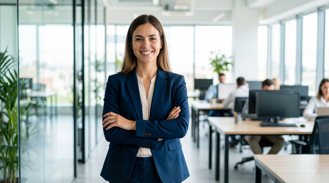 Smiling young businesswoman in a dark blue suit, standing with crossed arms in a modern open-plan office with colleagues working in the background - Powered by Adobe