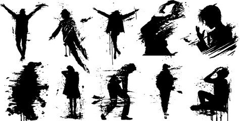 Expressive black ink splatter silhouette illustration set for artistic design