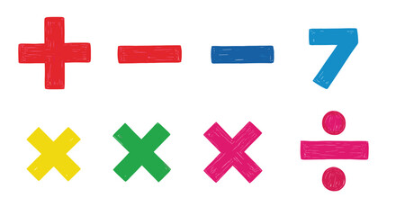 Colorful hand-drawn set of basic mathematical symbols, including plus, minus, multiplication, and division signs for educational use.