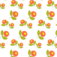 Seamless floral pattern with simple stylized flowers and green leaves. Modern vector design for wrapping paper, fabric, wallpaper, stationery and spring-themed products