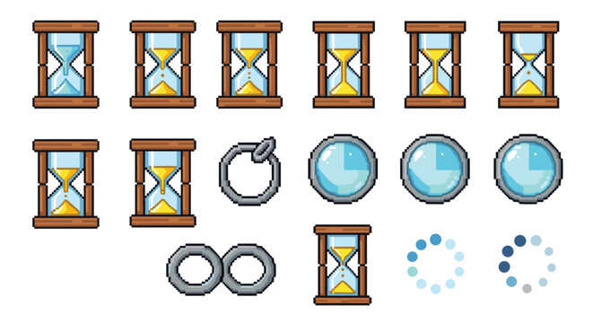 Time and process pixel art icon set with animated hourglass sprites, loading spinners, and symbols for waiting and infinity.