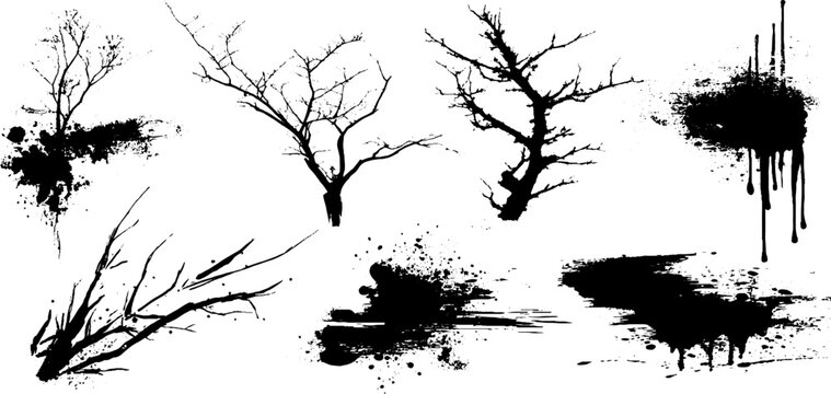 Black ink splatter and grunge branches illustration set for design projects