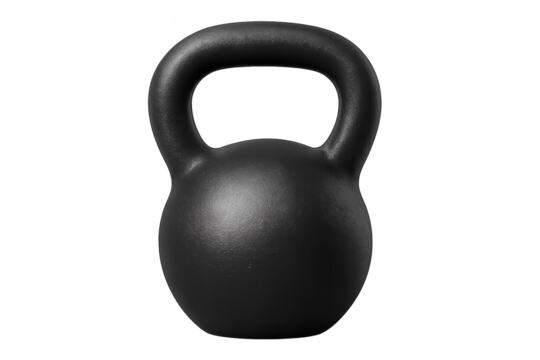 Black cast iron kettlebell with smooth, rounded body and looped handle