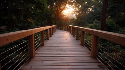A beautifully crafted wooden walkway meanders through a dense green forest illuminated by the soft golden glow of the setting sun creating a tranquil