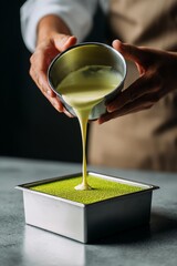 Pouring creamy mixture into matcha dessert mold.