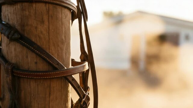 Close-up of horse tack on wooden post with blurred barn in background Equestrian scene at sunset flying dust