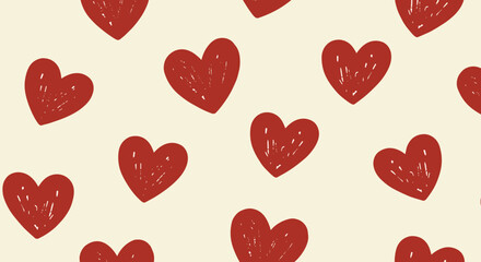 Sweet and simple seamless pattern of scattered, hand-drawn red hearts with a crayon-like texture, creating a charming and romantic doodle background.
