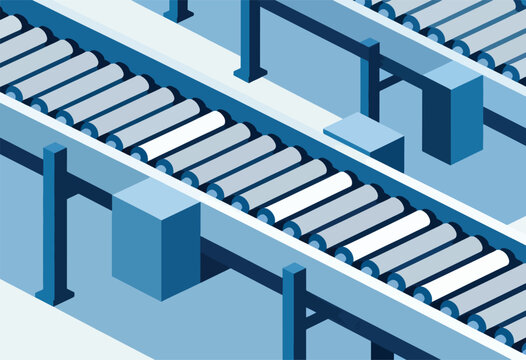 Isometric view of a factory conveyor system with rollers, blocks, and pillars in a monochromatic blue scheme