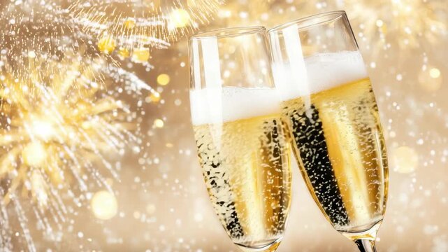 Celebratory Toast: Two elegant champagne flutes clink together in a moment of festive celebration, bubbles rising against a backdrop of golden lights, embodying joy and occasion.