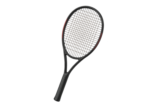 Black tennis racket with stringed head and ergonomic grip