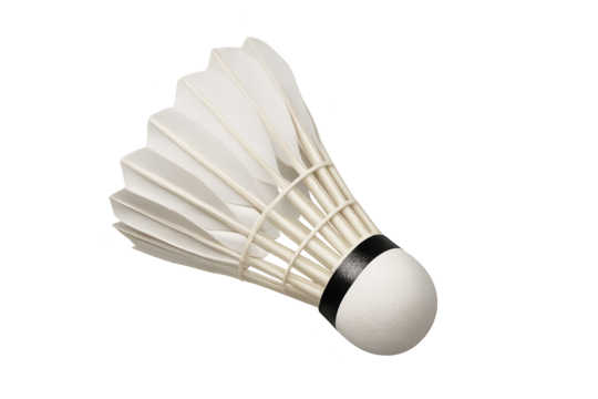 White badminton shuttlecock with feathered skirt and cork ball