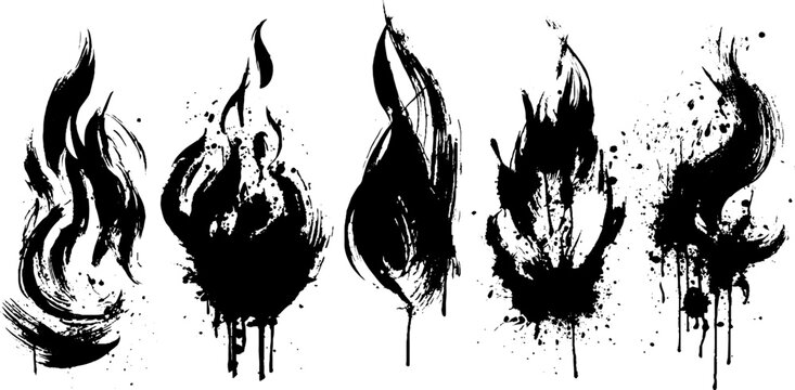 Abstract black ink flame shapes with splatter design for contemporary art