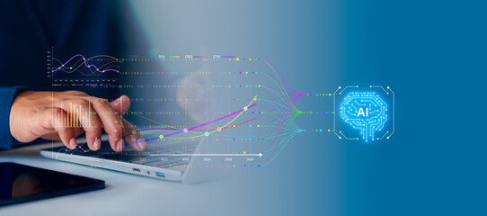 AI data analytics dashboard, business data insights, AI-powered data analysis dashboard, business strategy, Analyst or Scientist uses a computer and dashboard for analysis of information development
