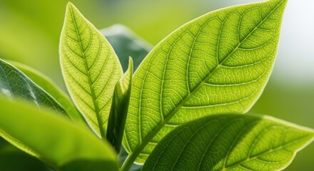 Obraz premium Close up of Vibrant Green Leaves with Visible Veins, Backlit by Natural Sunlight