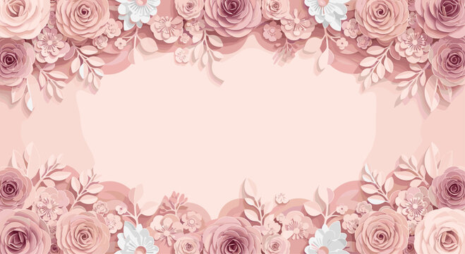 Beautiful floral background in a 3D paper cut style, with a lush frame of dusty pink and mauve paper roses creating an elegant and romantic design.